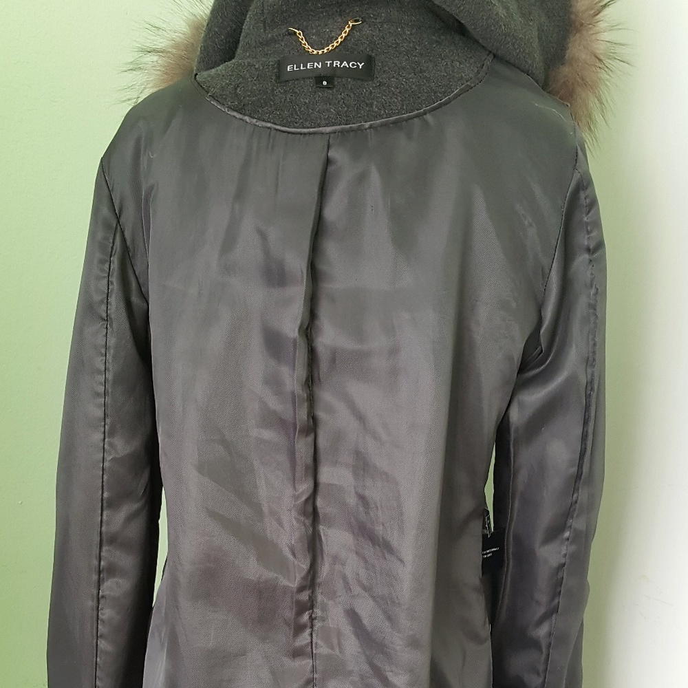 Ellen Tracy Gray Wool Coat w/ Fox Fur Trim Sz 8 - Picture 6 of 7